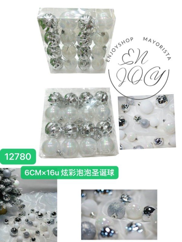 16 BOLAS 6CM DE NAVIDAD PLATEADO BLANCO · 2