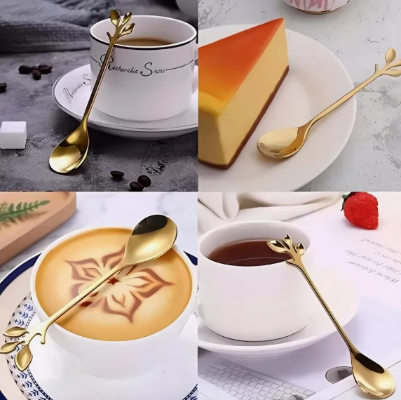 Set X 6 Cucharitas Dorada Cafe Te Postre Diseño Hojas · 3